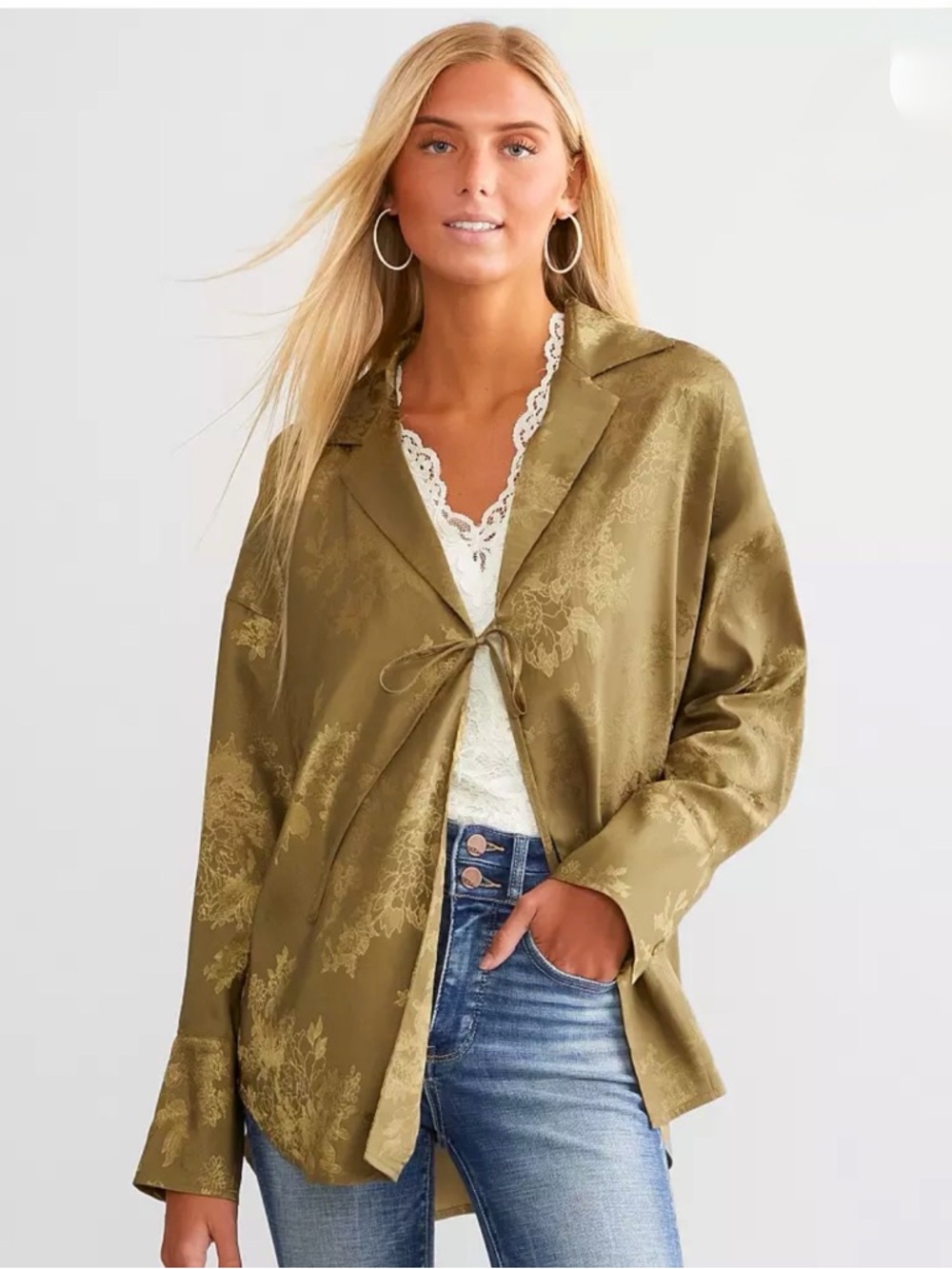 ACOA Gold Satin Jacquard Blouse Medium | Tie Front Silky Floral Button Up Top